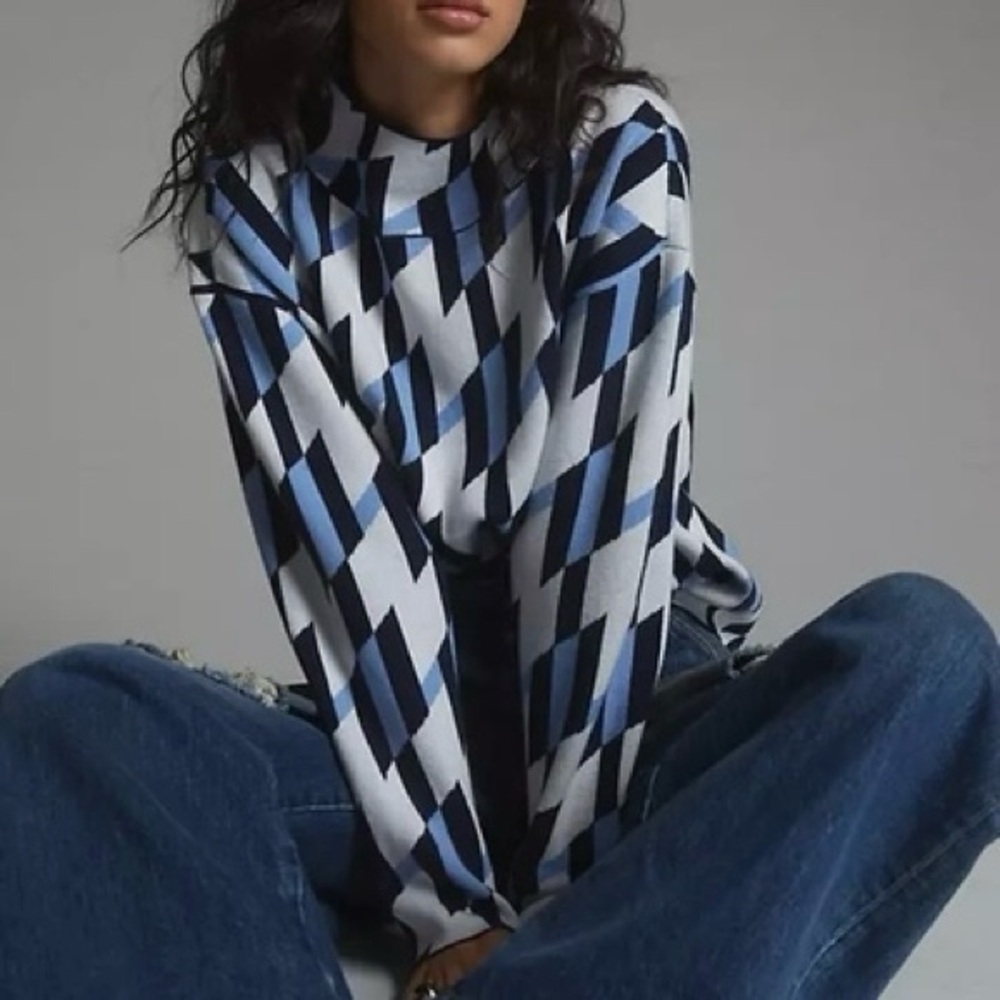 Anthropologie Blue and Black Diamond Turtleneck Sweater